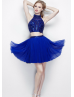 Royal Blue Tulle Beaded High Neck Open Back Two Piece Knee Length Prom Dress